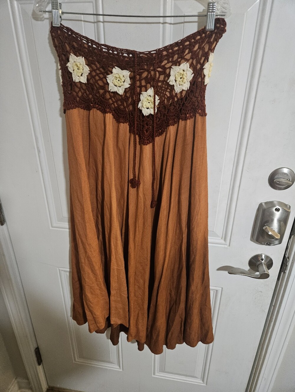 Bohemian Crochet-Trim Maxi Skirt in Rust Cottagrcore Boho Festival